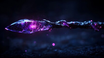 Glowing crystal spear with dark metal handle on dark background.