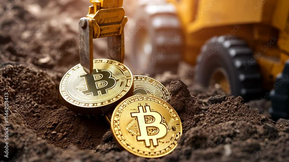 Poster mining cryptocurrency using advanced machinery in a dirt setting