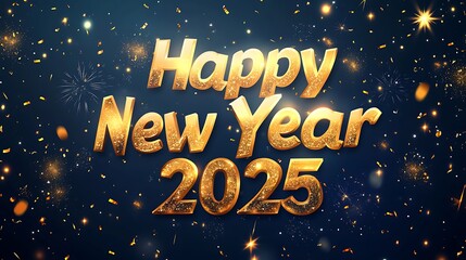 A sparkling and vibrant "Happy New Year 2025" banner with glowing golden sparkles, confetti, and celebratory typography set against a deep navy blue gradient background