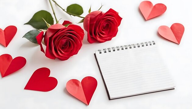 red rose and heart on paper with a card for ocassion