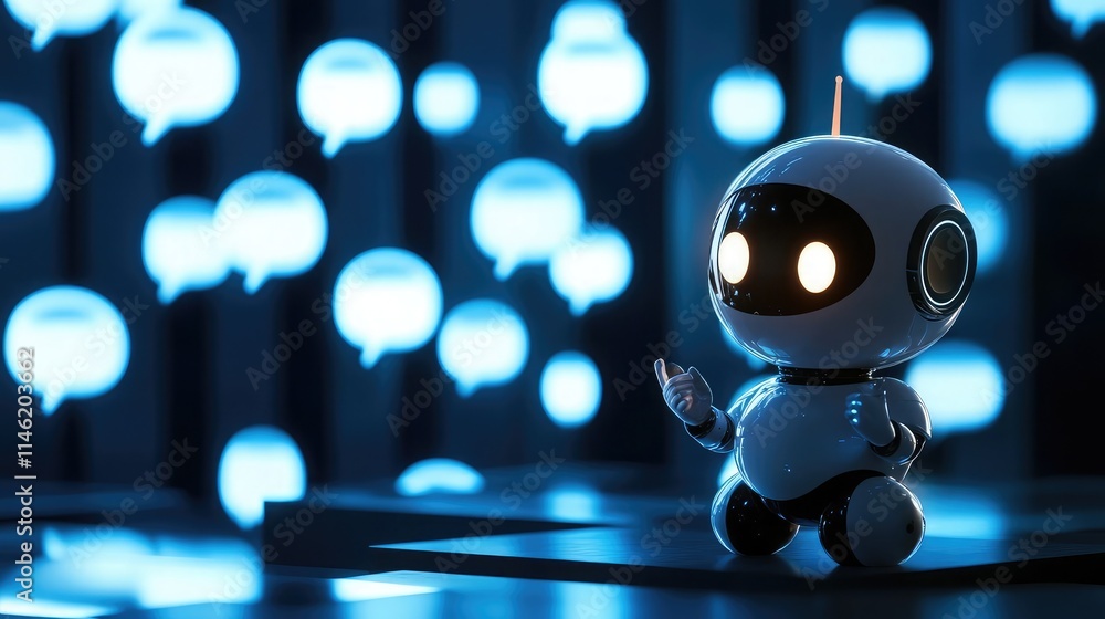 Poster white robot interacting with glowing chat bubbles on a futuristic background