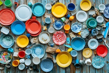 Overhead view of colorful mismatched dishes and utensils scattered on a wooden surface in a chaotic arrangement