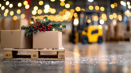 Festive warehouse scene with holiday decorations on pallet amidst bokeh lights.