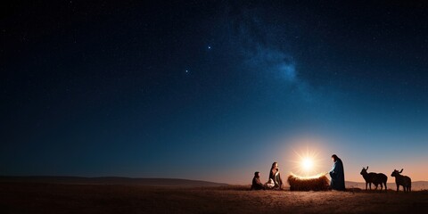 Beautiful nativity scene under a starry night sky, featuring a glowing manger surrounded by Mary, Joseph, shepherds, and animals