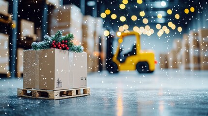 Festive holiday boxes with pine and berries in a warehouse setting