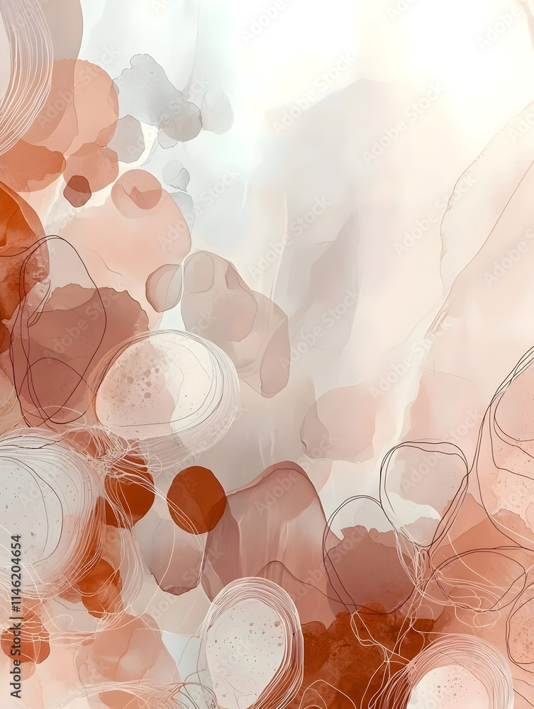 Poster an abstract design featuring soft hues of peach and beige with subtle splashes of deep orange and de