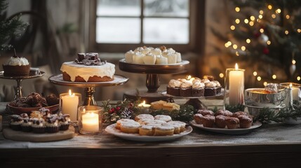 Fototapeta premium Winter holiday table decorated with glowing candles and festive treats