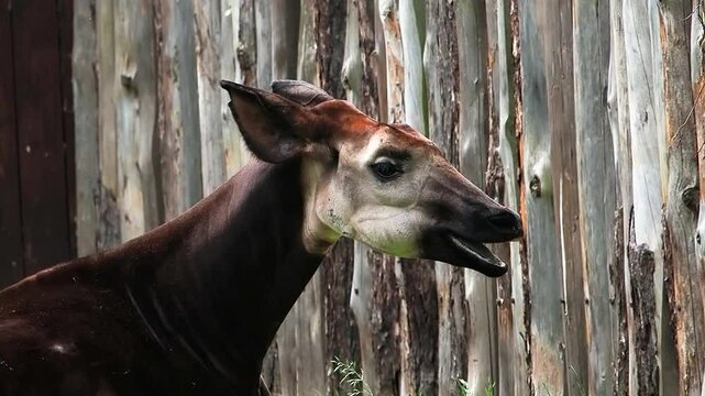 Okapi resting in lush green grass near a wooden fence at a wildlife sanctuary in the afternoon sun, slow motion