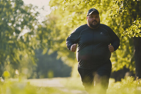 A plus size man jogging in the city park.