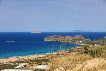 Falasarna beach overlooking the olive groves on the island of Crete in Greece in late summer