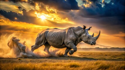 Obraz premium Rhino Charge: Action Shot of a Powerful Rhino in Full Sprint, Wild African Savanna