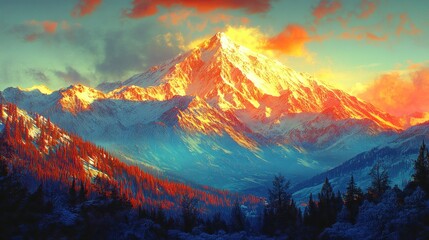 Majestic snow-capped mountain peak at sunset.