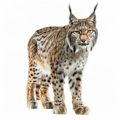 Fototapeta premium Eurasian lynx standing and looking forward on a white background