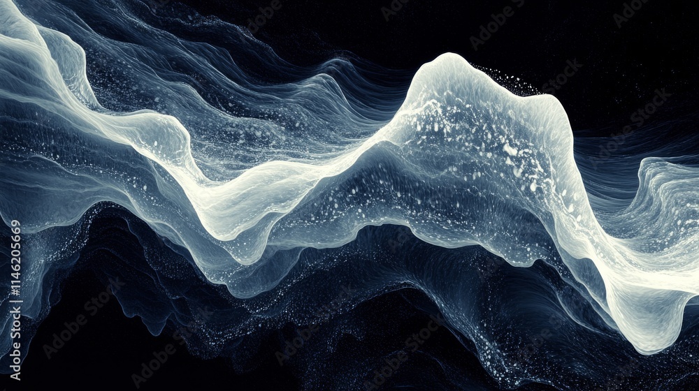 Poster flowing abstract digital wave pattern in monochrome colors