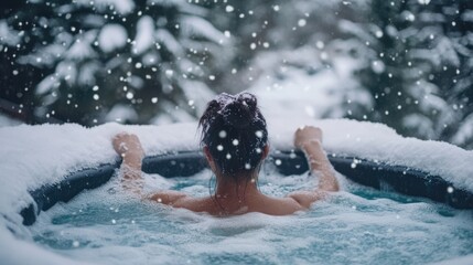 woman with champagne in jacuzzi in winter.
