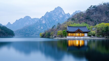 Fototapeta premium Serene lakeside pavilion at dawn, mountains reflecting in calm water.