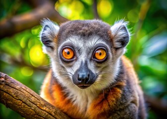 Obraz premium Intense close-up: a Madagascar lemur's captivating gaze, perched on a tree branch.