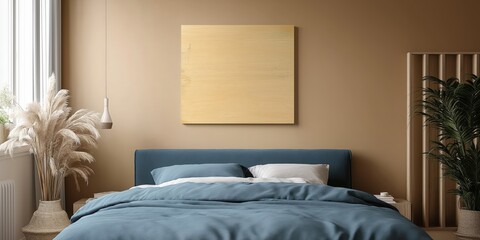Modern minimalist bedroom interior with neutral tones and Scandinavian-inspired design