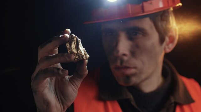 Gold Prospector Examining a Gold Nugget