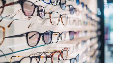 Different eyeglasses on shelves in optics store. Vision concept.