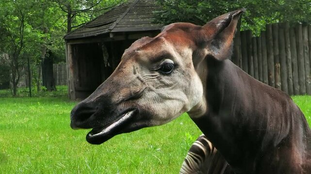 Okapi observing its surroundings in a lush green habitat near a wooden shelter
