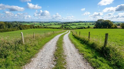 Obraz premium Scenic country lane leading to rolling green hills under a blue sky with fluffy white clouds.