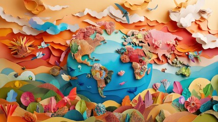 Fototapeta premium Colorful Paper World Map Art With Birds And Flowers