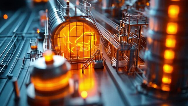 Industrial Complex Glowing with Potential:  An intricate network of pipes and tanks, bathed in the warm glow of internal lighting, creates a compelling visual of industrial power and innovation. 