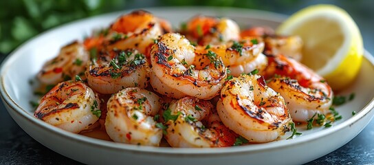 Grilled shrimp with garlic and grated herbs on a white plate