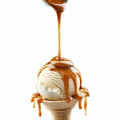 Caramel sauce pouring over a scoop of vanilla ice cream in a waffle cone, creating a sweet and tempting dessert