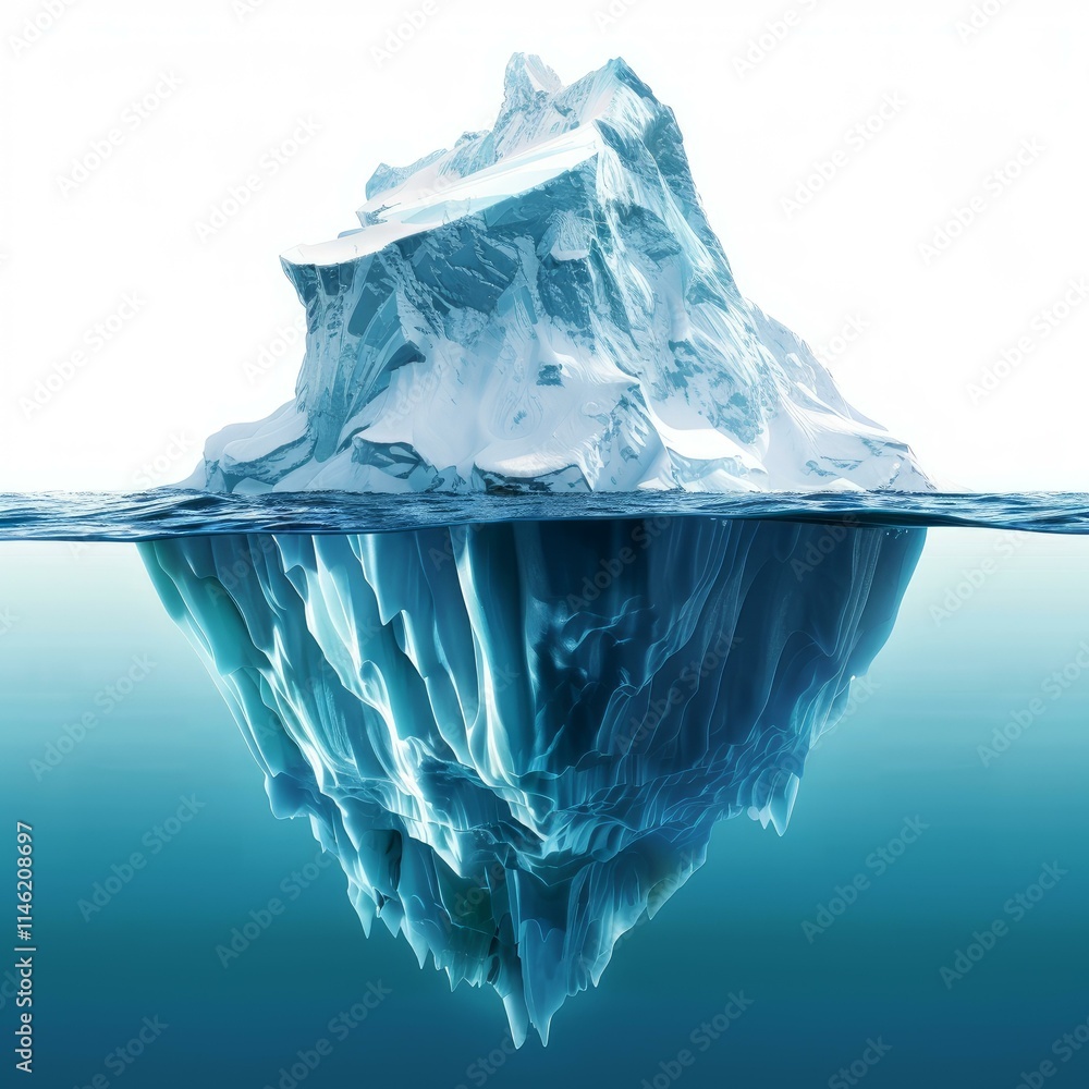 Poster iceberg floating in the ocean with the largest part hidden underwater, concept of hidden danger