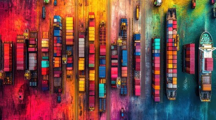 A bustling port where massive container ships are being loaded and unloaded by cranes, with trucks and forklifts transporting goods across the dock. The vibrant colors of the shipping containers 