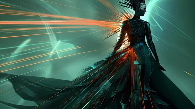 A futuristic and edgy dress with sharp lines and outs embodying the tingedge research and technological advancements in the field of particle physics.