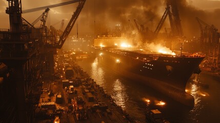 A bustling shipyard where a massive cargo vessel is under construction, with towering cranes lifting steel sections into place. Welders work on the ship's hull, their sparks lighting up the 