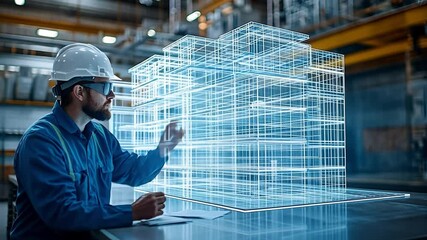 Visionary Blueprint: A construction worker wearing VR goggles interacts with a holographic blueprint in a modern factory, symbolizing innovation and technological advancement in the building industry.