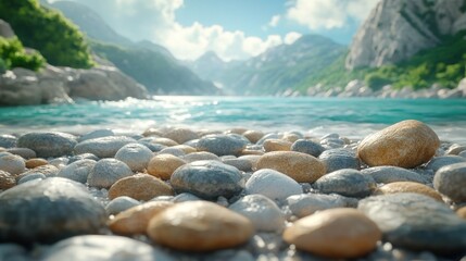 Obraz premium Mountain lake shore with stones. Sunlight on water, scenic view.