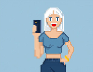 Woman Taking Selfie Pixel Art Pixelated Illustration