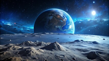 A celestial landscape featuring a vibrant planet rising over a desolate moon surface under a star-filled sky