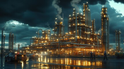 A chemical plant with intricate pipelines and towering distillation columns, while workers in hazmat suits conduct inspections. The site is lit by a dramatic evening sky. 