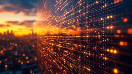 Digital Dawn: A mesmerizing cityscape silhouetted against a fiery sunset, with a shimmering digital code wall overlay, symbolizes the dawn of a new technological age.