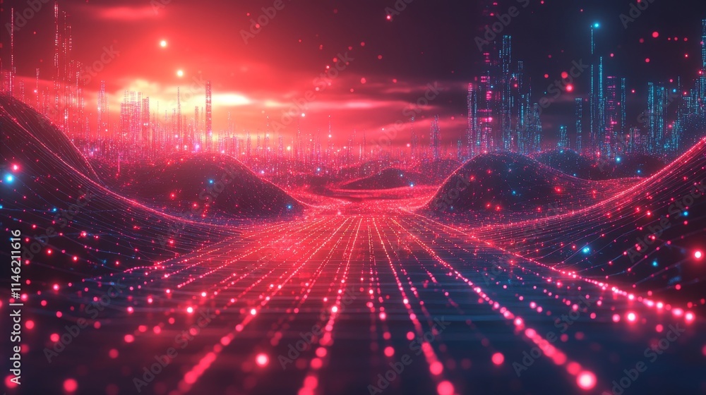 Poster futuristic digital landscape with flowing lines and light patterns