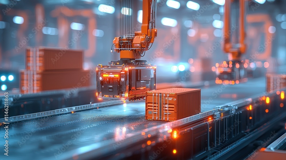 Poster smart cranes moving containers under an automated system
