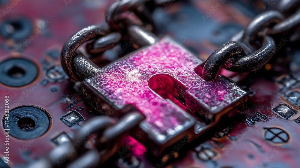 Poster cybersecurity padlock on circuit board: close-up of a weathered padlock secured with a chain, restin