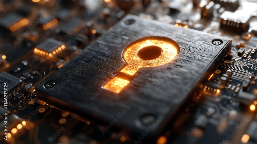 Aufkleber cybersecurity keyhole: glowing keyhole embedded in a dark circuit board, symbolizes digital security