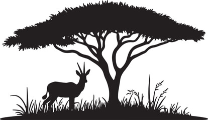A black-and-white silhouette of an antelope standing under an acacia tree in a grassy savanna