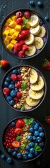 There are three bowls of fruit and nuts on a table, food background