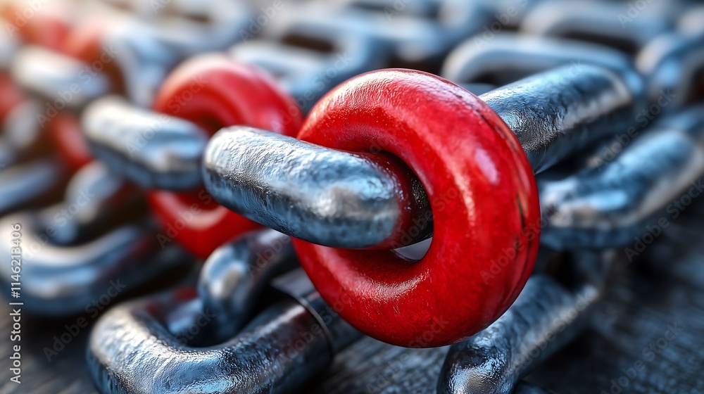 Poster red links in the chain: a close-up shot of a metal chain with red accents, emphasizing the interconn