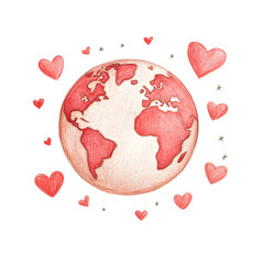 creative globe sketched in pencil with red hearts surrounding it, symbolizing love and unity