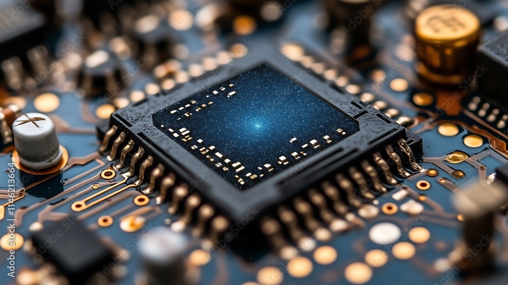 Poster microchip galaxy: a close-up shot of a microchip, showcasing its intricate circuitry and a mesmerizi