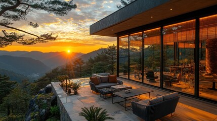 Obraz premium A modern terrace offers a stunning sunset view over mountains, blending nature and architecture.